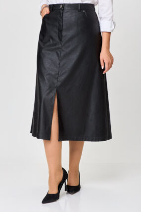 женская юбка миди экокожа, юбка а-силуэта женская, юбка миди офисный стиль, чёрная юбка миди экокожа